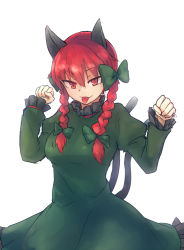Rule 34 | 1girl, :p, animal ears, bow, braid, cat ears, cat tail, dress, hair bow, kaenbyou rin, long hair, looking at viewer, masa (neku), multiple tails, nekomata, red eyes, red hair, simple background, solo, tail, tongue, tongue out, touhou, twin braids, white background