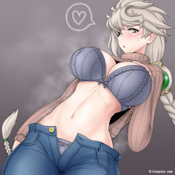 Rule 34 | 1girl, :o, asymmetrical hair, blush, bra, braid, braided ponytail, breasts, brown background, brown sweater, cleavage, clothes lift, commentary request, cowboy shot, cypress, denim, grey bra, grey panties, groin, hair between eyes, hair ornament, hand on own chest, heart, jeans, kantai collection, large breasts, long hair, long sleeves, looking at viewer, midriff, navel, open fly, panties, pants, profile, ribbed sweater, sidelocks, silver hair, simple background, single braid, solo, spoken heart, standing, steam, sweat, sweater, sweater lift, turtleneck, turtleneck sweater, twitter username, underwear, unryuu (kancolle), very long hair, wavy hair, yellow eyes