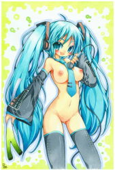 Rule 34 | 1girl, ahoge, aqua eyes, aqua hair, artist name, bad id, bad pixiv id, blush, breasts, colored pencil (medium), detached sleeves, emperpep, hatsune miku, long hair, microphone, navel, necktie, nipples, no pussy, nude, painting (medium), skirt, solo, spring onion, thighhighs, traditional media, twintails, very long hair, vocaloid, watercolor (medium)