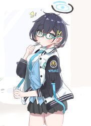 Rule 34 | 1girl, absurdres, black hair, black skirt, blue archive, blue necktie, blue vest, blush, breasts, brushing teeth, chihiro (blue archive), collarbone, cup, glasses, green eyes, hair ornament, halo, hand up, hat, highres, holding, holding cup, jacket, long sleeves, looking at viewer, medium breasts, mini hat, mini top hat, necktie, notice lines, open clothes, open jacket, roton3737, semi-rimless eyewear, shirt, short hair, skirt, sleeves pushed up, solo, toothbrush, top hat, vest, white shirt