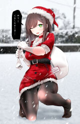 Rule 34 | 1girl, @ @, belt, black belt, black pantyhose, choker, christmas, day, dress, gloves, green eyes, hat, highres, holding, holding sack, long hair, looking at viewer, no shoes, ol-chan (oouso), one eye closed, oouso, open mouth, original, outdoors, panties, panties under pantyhose, pantyhose, red choker, red dress, sack, santa dress, santa hat, short sleeves, snow, solo, speech bubble, sweatdrop, translated, underwear, white gloves