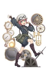 Rule 34 | 1girl, :d, aqua eyes, belt, boots, brown footwear, brown gloves, fingerless gloves, full body, gauge, gloves, unworn gloves, goggles, goggles on headwear, hat, highres, jacket, lever, looking at viewer, open mouth, pouch, princess principal, princess principal game of mission, red hair, short hair, smile, solo, standing, standing on one leg, tina flywheel, transparent background, utility belt, valve, wheel, whistle, white gloves, wrench