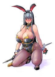 Rule 34 | 1girl, alternate costume, animal ears, bare shoulders, black gloves, black pantyhose, blush, breasts, bursting breasts, cleavage, detached collar, fake animal ears, full-face blush, full body, gloves, grey hair, holding, holding weapon, huge breasts, kneeling, leotard, long hair, on one knee, open mouth, pantyhose, playboy bunny, rabbit ears, red eyes, selvaria bles, senjou no valkyria (series), solo, tsuda nanafushi, very long hair, weapon, wrist cuffs