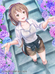 Rule 34 | 1girl, :d, black footwear, blouse, boots, breasts, brown eyes, brown hair, brown shorts, clothes around waist, dated, flower, from above, hair ribbon, highres, hydrangea, ilog, jacket, jacket around waist, long hair, looking at viewer, medium breasts, official art, open mouth, purple ribbon, rain, ribbon, rubber boots, shirt, shorts, smile, solo, stairs, standing, uchida masahiro, very long hair, watermark, wet, wet clothes, wet shirt, white shirt