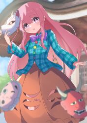 Rule 34 | 1girl, absurdres, blue shirt, bow, bowtie, bubble skirt, buttons, circle, collared shirt, expressionless, fox mask, hata no kokoro, high meron, highres, long hair, long sleeves, mask, mask on head, multicolored buttons, oni mask, orange skirt, pink eyes, pink hair, plaid, plaid shirt, shirt, skirt, solo, star (symbol), touhou, triangle, very long hair, x