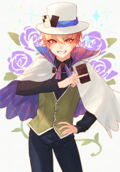 Rule 34 | 1boy, absurdres, beam107, black pants, black shirt, buttons, capelet, chocolate, collared shirt, contrapposto, cowboy shot, dress shirt, floral background, food, green vest, grin, hair between eyes, hand on own chest, hand up, hat, high collar, highres, holding, holding chocolate, holding food, kaitou shinshi no harahara!? white day (project sekai), long sleeves, looking at viewer, male focus, neck ribbon, orange hair, pants, project sekai, ribbon, rose background, shirt, silver trim, simple background, smile, sparkle, sparkle background, striped capelet, striped ribbon, tenma tsukasa, top hat, tsurime, two-sided capelet, v-shaped eyebrows, vest, white background, white capelet, white headwear, yellow eyes