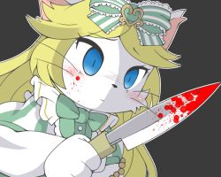 Rule 34 | 1girl, alice (cat busters), artist request, blonde hair, blood, blue eyes, cat, cat busters, furry, furry female, hair ribbon, holding, holding knife, knife, long hair, ribbon, solo