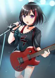 Rule 34 | 10s, 1girl, absurdres, bang dream!, black hair, blush, bracelet, collar, collarbone, guitar, highres, holding, holding instrument, holding microphone, instrument, jewelry, keyhole, lock, looking at viewer, microphone, microphone stand, mitake ran, multicolored hair, open mouth, pink eyes, red hair, short hair, solo, sweatdrop, teeth, two-tone hair, yuusa