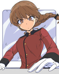 Rule 34 | 1girl, black ribbon, braid, braided ponytail, brown eyes, brown hair, closed mouth, commentary, foreshortening, frown, girls und panzer, gloves, hair ribbon, highres, jacket, long hair, long sleeves, looking at viewer, military uniform, outside border, red jacket, renshiu, ribbon, rounded corners, rukuriri (girls und panzer), single braid, solo, st. gloriana&#039;s military uniform, uniform, white gloves, wind