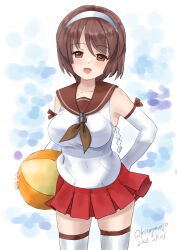 Rule 34 | 1girl, ball, beachball, blue background, blush, breasts, brown eyes, brown hair, brown neckerchief, brown sailor collar, cowboy shot, detached sleeves, gradient background, hairband, headband, kantai collection, kitagawa mikio, large breasts, looking at viewer, natori (kancolle), neckerchief, open mouth, pleated skirt, red skirt, sailor collar, school uniform, serafuku, short hair, skirt, smile, solo, thighhighs, white hairband, white headband, white thighhighs