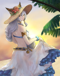 Rule 34 | 10s, 1girl, animal ears, armlet, bikini, bracelet, cat ears, clothes lift, cowboy shot, ears through headwear, erune, flower, frilled skirt, frills, from behind, g.w., granblue fantasy, hair between eyes, hair tubes, hat, hat flower, heles, heles (summer) (granblue fantasy), hibiscus, highres, jewelry, leaf, lifting own clothes, long hair, long skirt, looking back, low-braided long hair, low-tied long hair, ocean, orange eyes, outdoors, palm tree, silver hair, skirt, skirt lift, sky, smile, solo, sun, sun hat, sunset, swimsuit, tree, water, white bikini, white skirt