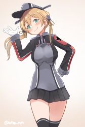 Rule 34 | 1girl, ahenn, anchor hair ornament, black skirt, blonde hair, commentary request, cowboy shot, cross, gloves, green eyes, hair ornament, hat, iron cross, kantai collection, looking at viewer, low twintails, microskirt, military, military hat, military uniform, peaked cap, prinz eugen (kancolle), simple background, skirt, smile, solo, standing, twintails, twitter username, uniform, white background, white gloves