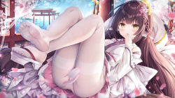 Rule 34 | animal, ass, azur lane, blue sky, blunt bangs, blurry, blush, brown hair, cherry blossoms, collared shirt, convenient censoring, day, depth of field, feet, geta, hair ornament, harutsuki (a dance for the coming spring) (azur lane), harutsuki (azur lane), highres, japanese clothes, kimono, long hair, long sleeves, looking at viewer, lying, manman manyou haiyang de paomo, no shoes, ocean, on back, open mouth, panties, panties under pantyhose, pantyhose, shirt, sky, soles, thighs, toes, torii, underwear, very long hair, white kimono, white panties, white pantyhose, wide sleeves, yellow eyes