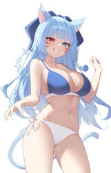 Rule 34 | 1girl, absurdres, animal ears, bare arms, bare shoulders, bikini, blue bikini, blue eyes, blue hair, bow, breasts, cat ears, cat girl, cat tail, cleavage, commission, contrapposto, cowboy shot, facial mark, grin, hair bow, hand up, highres, large breasts, long hair, looking at viewer, mismatched bikini, navel, original, pixiv commission, red eyes, side-tie bikini bottom, simple background, smile, solo, standing, stomach, string bikini, sukaliya, swimsuit, tail, tassel, thighs, very long hair, white background, white bikini