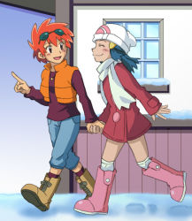 Rule 34 | 00s, 2girls, beanie, black eyes, blue hair, blush, boots, closed eyes, coat, couple, creatures (company), dawn (pokemon), dawn (pokemon platinum), eyewear on head, female focus, footprints, friends, game freak, hair ornament, happy, hat, holding hands, jewelry, knee boots, legs, long hair, long sleeves, looking at another, multiple girls, necklace, nintendo, pants, pendant, pointing, pokemon, pokemon (anime), pokemon dppt, red hair, rn (nyasuke), scarf, short hair, smile, snow, sunglasses, sweater, vest, walking, white scarf, window, winter, yuri, zoey (pokemon)