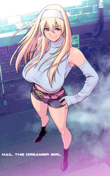 Rule 34 | 1girl, armpit crease, bare shoulders, belt, black footwear, blonde hair, blouse, breasts, commentary request, crop top, denim, denim shorts, detached sleeves, earrings, english text, floating hair, full body, hair between eyes, hairband, halterneck, high heels, jewelry, large breasts, looking at viewer, midriff, original, pink belt, red eyes, shirt, short shorts, shorts, sleeveless, sleeveless shirt, sleeves past wrists, smile, solo, tatsunami youtoku, thighs, white hairband, white shirt