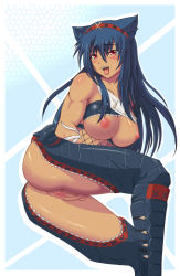 Rule 34 | 1girl, :d, animal ears, armor, ass, bandages, blue hair, blush, breasts, breasts out, capcom, cat ears, clitoris, clothes lift, dark-skinned female, dark skin, fishnets, foxhound220, hairband, large breasts, long hair, looking back, midriff, monster hunter (series), muscular, nargacuga (armor), naughty face, nipples, no panties, open mouth, presenting, pussy, red eyes, scales, shiny clothes, shirt lift, smile, solo, spread pussy, sweat, tongue, uncensored