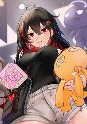 Rule 34 | 1girl, absurdres, ahoge, alternate costume, bag, black hair, black jacket, black shirt, breasts, brown bag, bug, butterfly, butterfly ornament, buttons, closed mouth, colored inner hair, from below, hair between eyes, highres, holding, homei (honkai impact), homu (honkai impact), honkai (series), honkai impact 3rd, insect, jacket, large breasts, light blush, looking at object, looking down, multicolored hair, nagonako, red butterfly, red eyes, red hair, seele (alter ego), seele vollerei, seele vollerei (starchasm nyx), shirt, shopping, shorts, stuffed animal, stuffed toy, sweatdrop, upper body, v-shaped eyebrows, white shorts, zipper
