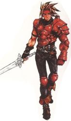 Rule 34 | armor, artist request, black pants, blonde hair, boots, dart feld, fingerless gloves, game console, gauntlets, gloves, headband, knee guards, official art, pants, red theme, sword, the legend of dragoon, weapon