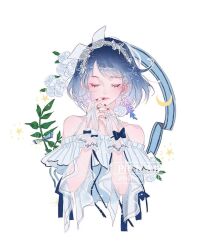 Rule 34 | 1girl, artist name, ashuijing, blue bow, blue hair, blue ribbon, blunt bangs, blush, bow, closed eyes, closed mouth, commentary, crescent, cropped torso, dress, earrings, english commentary, eyelashes, eyeshadow, flower, flower earrings, frilled shirt, frills, hair bow, hairband, hand to own mouth, jewelry, lace-trimmed hairband, lace trim, leaf, light smile, long sleeves, makeup, nail polish, off-shoulder dress, off shoulder, original, own hands together, pink eyeshadow, pink lips, purple flower, red nails, ribbon, rose, sample watermark, see-through bow, shirt, short hair, simple background, single earring, sleeves past elbows, solo, star (symbol), striped clothes, striped shirt, vertical-striped clothes, vertical-striped shirt, watermark, white background, white bow, white flower, white hairband, white rose, white shirt, white wrist cuffs, wide sleeves, wisteria, wrist cuffs
