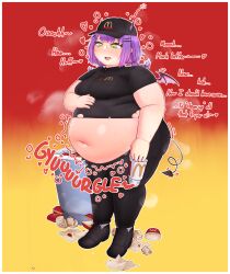 1girl absurdres alternate_body_size belly belly_grab big_belly breasts eating fat food full_stomach highres hololive medium_breasts navel obese orristerioso thick_arms thick_thighs thighs tokoyami_towa undersized_clothes weight_gain