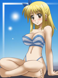 Rule 34 | awa, barefoot, bikini, blush, breasts, cleavage, fairy tail, feet, large breasts, lucy heartfilia, smile, soles, swimsuit, toes