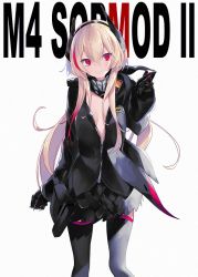 Rule 34 | 1girl, black jacket, black thighhighs, breasts, character name, closed mouth, coat, commentary, girls&#039; frontline, hair between eyes, headgear, jacket, long hair, m4 sopmod ii (girls&#039; frontline), mechanical arms, mimelond, multicolored hair, open clothes, open coat, partially unbuttoned, pink hair, red eyes, single mechanical arm, small breasts, smile, solo, streaked hair, thighhighs