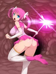 Rule 34 | 1girl, angry, ass, bare shoulders, blue eyes, boots, breasts, bridal gauntlets, covered erect nipples, female focus, hair ornament, highres, impossible clothes, impossible shirt, large breasts, leotard, long hair, looking at viewer, looking back, magical girl, numeko, open mouth, original, pink hair, shiny clothes, shiny skin, shirt, sideboob, skirt, solo, thigh boots, thighhighs, twintails, wand