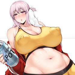 Rule 34 | 1girl, bare shoulders, blush, bottle, braid, breasts, cleavage, commentary request, covered erect nipples, fate/grand order, fate (series), fingernails, florence nightingale (chaldea lifesavers) (fate), florence nightingale (fate), hair between eyes, highres, holding, holding bottle, katsura harufumi, large areolae, large breasts, long fingernails, long hair, looking at viewer, navel, off shoulder, open mouth, pink hair, puffy nipples, red eyes, shiny skin, simple background, skindentation, solo, stomach, sweat, towel, white background
