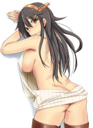 Rule 34 | 10s, 1girl, against wall, aran sweater, ass, backless dress, backless outfit, bare back, bare shoulders, blush, breasts, brown eyes, brown hair, butt crack, cable knit, comord, covered erect nipples, dress, grey sweater, haruna (kancolle), highres, kantai collection, large breasts, long hair, looking at viewer, looking back, meme attire, naked sweater, open mouth, ribbed sweater, sideboob, solo, sweater, sweater dress, turtleneck, turtleneck sweater, virgin killer sweater