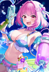 Rule 34 | 1girl, @ @, ahoge, aqua ribbon, bikini, bikini skirt, blue bikini, blue hair, blue skirt, blush, bob cut, bow, breasts, cleavage, collar, collarbone, fang, frilled bikini, frills, hair bow, hair ornament, hair ribbon, hairclip, heart, heart print, highres, idolmaster, idolmaster cinderella girls, idolmaster cinderella girls starlight stage, jewelry, large breasts, light blue hair, looking at viewer, medium hair, multicolored hair, navel, necklace, nervous smile, night, night sky, open mouth, pink bow, pink collar, pink eyes, pink hair, print bikini, ribbon, sakura ran, skirt, sky, smile, solo, stomach, swimsuit, tearing up, thighs, two-tone hair, water, water gun, yumemi riamu