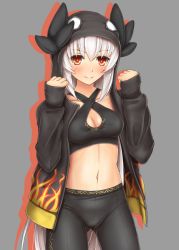 Rule 34 | 1girl, alternate costume, black pants, blush, breasts, cleavage, cleavage cutout, clenched hands, closed mouth, clothing cutout, collarbone, cowboy shot, criss-cross halter, fate/grand order, fate (series), flame print, gluteal fold, grey background, halterneck, hands up, highres, hood, hood up, hoodie, hozenkakari, kiyohime (fate), kiyohime (third ascension) (fate), long hair, looking at viewer, medium breasts, navel, open clothes, open hoodie, pants, print hoodie, red eyes, silver hair, simple background, sleeves past wrists, smile, solo, sports bra, standing, stomach, tight clothes, tight pants, very long hair