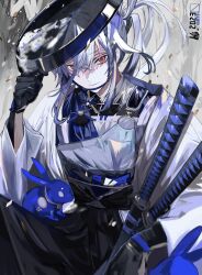Rule 34 | armor, barcode, black gloves, blue wristband, blurry, commentary request, cropped legs, depth of field, eyes visible through hair, gender request, gloves, hair between eyes, hat, highres, holding, holding clothes, holding hat, japanese armor, jingasa, katana, kusazuri, kushiro kuki, long hair, looking at viewer, one eye covered, original, rabbit, red eyes, samurai, sidelocks, sitting, smile, snow, solo, sword, weapon, white hair