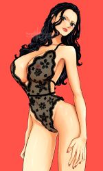 Rule 34 | 1girl, absurdres, black hair, black lingerie, breasts, cleavage, curvy, highres, huge breasts, large breasts, lingerie, long hair, navel, nico robin, nipples, no bra, one piece, see-through, sherumaru (korcht06), sideboob, smile, solo, underwear