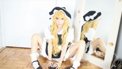 Rule 34 | 1girl, apron, black dress, black footwear, blonde hair, bow, braid, broom, cosplay, dress, dress shirt, female focus, hat, holding, holding broom, indoors, kirisame marisa, kirisame marisa (cosplay), lana rain, long hair, open mouth, photo (medium), puffy short sleeves, puffy sleeves, ribbon, self-upload, shirt, shoes, short sleeves, skirt, skirt set, solo, touhou, vest, waist apron, white bow, white shirt, witch, witch hat