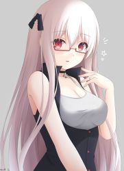 Rule 34 | 1girl, breasts, cross, cross necklace, girls&#039; frontline, glasses, grey background, hair ribbon, highres, jewelry, kar98k (girls&#039; frontline), keenh, long hair, looking at viewer, medium breasts, necklace, red eyes, ribbon, ring, shirt, solo, wedding ring, white hair, white shirt