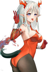 Rule 34 | 1girl, animal ears, arknights, black pantyhose, breasts, cleavage, elbow gloves, fake animal ears, gloves, grey hair, highres, horns, large breasts, leotard, long hair, looking at viewer, multicolored hair, necktie, nian (arknights), nontraditional playboy bunny, pantyhose, playboy bunny, pointy ears, ponytail, purple eyes, rabbit ears, red gloves, red hair, red necktie, solo, tongue, tongue out, ying jing meng