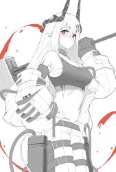 Rule 34 | 1girl, absurdres, arknights, black choker, choker, demon horns, elite ii (arknights), hammer, highres, holding, holding hammer, horns, infection monitor (arknights), jacket, material growth, mudrock (arknights), mudrock (elite ii) (arknights), open clothes, open jacket, oripathy lesion (arknights), pointy ears, red eyes, sally (luna-arts), sarashi, sports bra, white hair