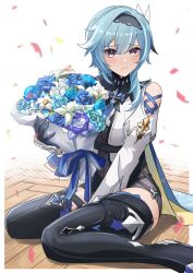 Rule 34 | 1girl, asymmetrical hair, between legs, black footwear, black gloves, black hairband, black leotard, blue cape, blue flower, blue gloves, blue hair, blue necktie, blush, boots, bouquet, breasts, butterfly hair ornament, cape, closed mouth, clothing cutout, confetti, eula (genshin impact), flower, full body, genshin impact, gloves, hair between eyes, hair ornament, hairband, hand between legs, happy birthday, high-waist shorts, highres, holding, holding bouquet, large breasts, leotard, looking at viewer, medium breasts, medium hair, mon-chan, necktie, on floor, purple eyes, shorts, shoulder cutout, sidelocks, sitting, solo, streamers, thigh boots, two-tone gloves, wariza, white background, white sleeves