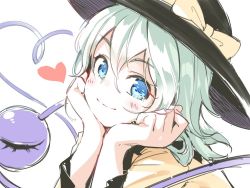 Rule 34 | 1girl, alternate eye color, asutora, black hat, blue eyes, blush, bow, commentary request, green hair, hair between eyes, hands up, hat, hat bow, head rest, head tilt, heart, heart of string, koishi day, komeiji koishi, long sleeves, looking at viewer, portrait, shirt, short hair, simple background, sketch, smile, solo, third eye, touhou, white background, yellow bow, yellow shirt