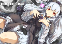 Rule 34 | 1girl, black feathers, commentary request, english text, engrish text, feathers, gedou (shigure seishin), gothic lolita, hairband, highres, lolita fashion, lolita hairband, long hair, looking at viewer, lying, ranguage, red eyes, rozen maiden, silver hair, smile, solo, suigintou