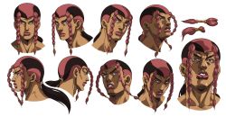 Rule 34 | 1boy, araki hirohiko (style), braid, brown eyes, brown hair, closed mouth, grandguerrilla, highres, jojo no kimyou na bouken, looking at viewer, male focus, multicolored hair, multiple views, official style, parted lips, ponytail, portrait, red hair, sandman (sbr), side braids, simple background, steel ball run, two-tone hair, white background