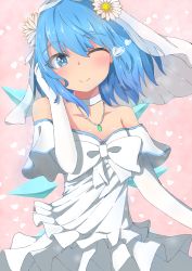 Rule 34 | 1girl, alternate costume, arm up, armpit crease, bare shoulders, blue eyes, blue hair, blush, bright pupils, cirno, commentary, daisy, detached sleeves, dress, elbow gloves, flower, gloves, hair between eyes, hair flower, hair ornament, hand in own hair, head tilt, heart, highres, jewelry, looking at viewer, mizune (winter), necklace, one eye closed, petals, pink background, short hair, smile, solo, standing, touhou, upper body, veil, wedding dress, white pupils, wings