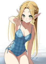 Rule 34 | 1girl, arm behind head, blonde hair, blue one-piece swimsuit, breasts, cleavage, collarbone, dungeon meshi, elf, green eyes, halterneck, highres, kayuu (hikentai0112), long hair, looking at viewer, marcille donato, one-piece swimsuit, pointy ears, side-tie one-piece swimsuit, sitting, solo, swimsuit, thighs