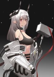 Rule 34 | 1girl, absurdres, arknights, bare shoulders, black background, black choker, black gloves, breasts, choker, cleavage, commentary, crop top, gloves, gradient background, grey background, hammer, highres, holding, holding hammer, holding weapon, horns, infection monitor (arknights), long hair, long sleeves, material growth, medium breasts, midriff, mudrock (arknights), mudrock (elite ii) (arknights), navel, off shoulder, oripathy lesion (arknights), pointy ears, red eyes, roupo99, sarashi, silver hair, solo, sports bra, stomach, upper body, weapon