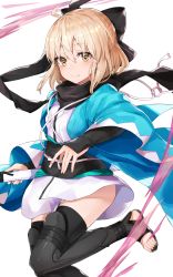 Rule 34 | 1girl, absurdres, black bow, black cola, black scarf, black thighhighs, blonde hair, blush, bow, fate/grand order, fate (series), hair between eyes, hair bow, heart, heart-shaped pupils, highres, holding, holding sheath, japanese clothes, kimono, looking at viewer, okita souji (fate), okita souji (koha-ace), ponytail, sash, scarf, sheath, short hair, short kimono, solo, symbol-shaped pupils, thighhighs, yellow eyes