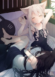 Rule 34 | 2girls, animal ears, arm behind head, arm up, bare arms, bare shoulders, barefoot, bed, black dress, black hair, blush, cat-shaped pillow, closed mouth, commentary request, day, dress, closed eyes, facing viewer, grey hair, highres, indoors, long hair, lying, multiple girls, hugging object, on bed, on side, original, pillow, pillow hug, plant, potted plant, ribbon, sitting, sleeveless, sleeveless dress, strap slip, stretching, sunlight, tokuno yuika, very long hair, white dress, white ribbon, window