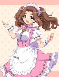 Rule 34 | 1girl, :d, bow, brooch, brown hair, dress, frilled dress, frills, green eyes, highres, idolmaster, idolmaster cinderella girls, idolmaster million live!, idolmaster million live! theater days, jewelry, kahiika, kusakabe wakaba, long hair, maid headdress, open mouth, pink bow, pocket, pretty waitress (idolmaster), puffy short sleeves, puffy sleeves, short sleeves, simple background, smile, solo, standing, wrist cuffs