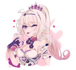 Rule 34 | 1girl, ;), ahoge, bag, bare shoulders, black flower, black gloves, breasts, candy, chocolate, chocolate heart, cleavage, closed mouth, cropped torso, flower, food, food in mouth, gloves, gradient hair, grey eyes, grey hair, hair between eyes, hair ornament, heart, high ponytail, highres, holding, holding bag, honkai (series), honkai impact 3rd, kiana kaslana, kiana kaslana (herrscher of finality), long hair, looking at viewer, medium breasts, mouth hold, multicolored hair, munji412, one eye closed, plastic bag, ponytail, red hair, simple background, smile, solo, transparent, upper body, valentine, white background