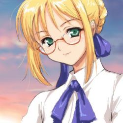 Rule 34 | 00s, artoria pendragon (all), artoria pendragon (fate), bespectacled, blonde hair, blouse, fate/stay night, fate (series), glasses, green eyes, lowres, saber (fate), shirt, smile, solo